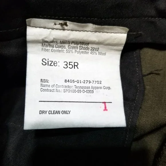USMC US Marine Pants Military Wool Blend Dress Trousers 35R Green 35x28 Gorpcore